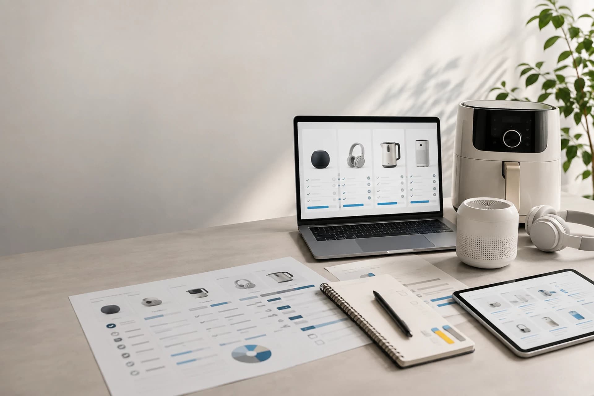 Product comparison workspace with consumer products, research notes, and a comparison dashboard.