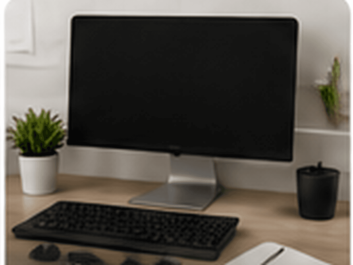 Office desk with monitor and productivity accessories.
