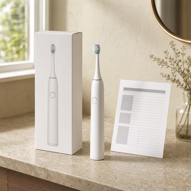 Electric toothbrush beside its packaging and specification sheet.