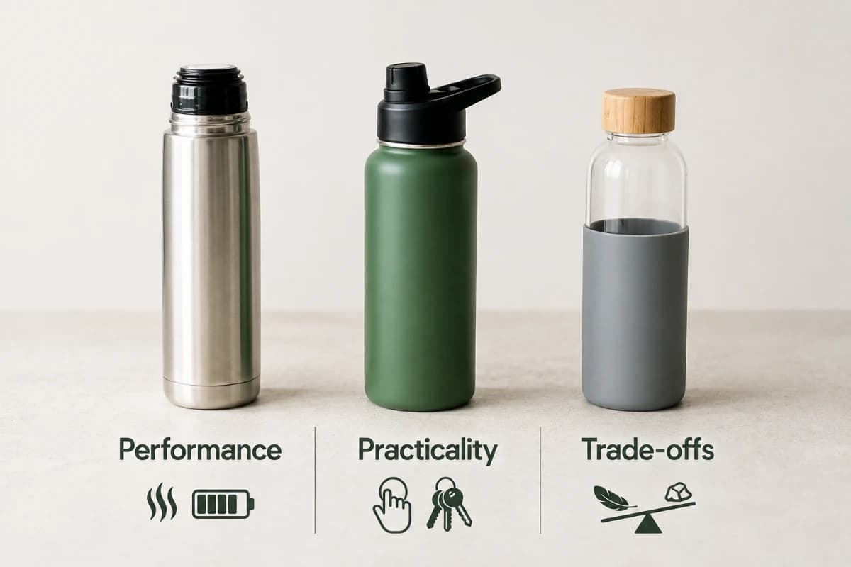 Three reusable bottles compared for performance, practicality, and trade-offs.