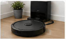 Robot vacuum in a calm home interior.