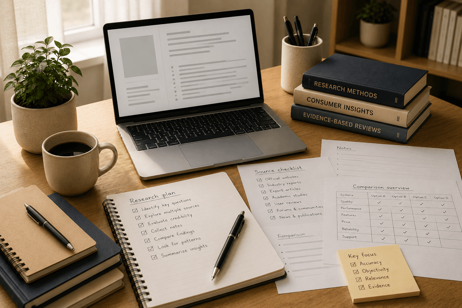 Editorial research workspace with documents and notes.